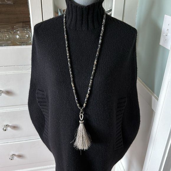 Black opal & pyrite long necklace sterling diamond clasp horse hair tassel rare - Picture 3 of 16